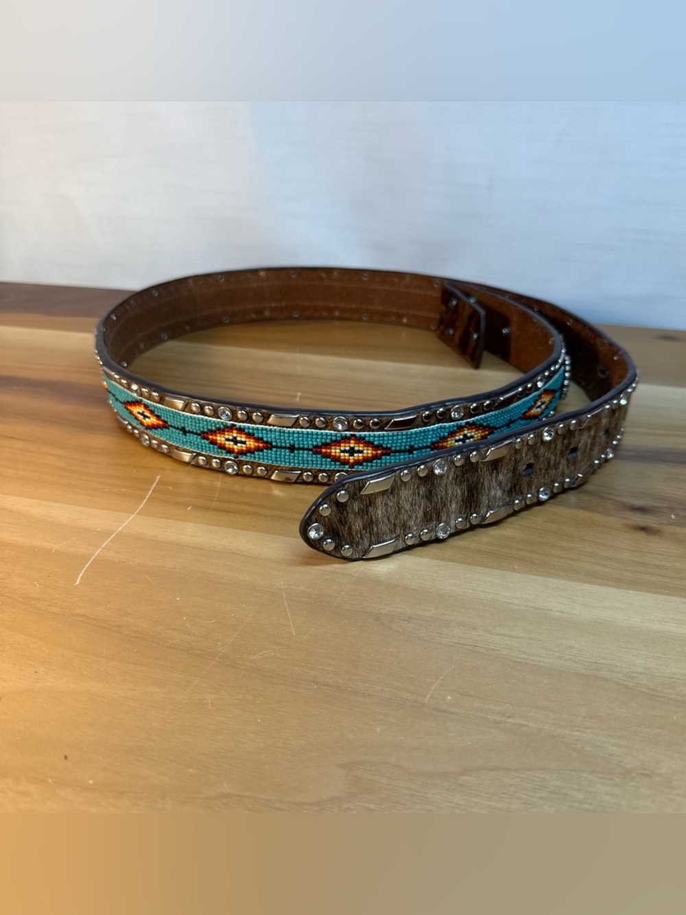 Ariat Leather Beaded Rhinestone Bare Belt Sz L Hide Hair Western Turquoise Boho - Picture 6 of 16